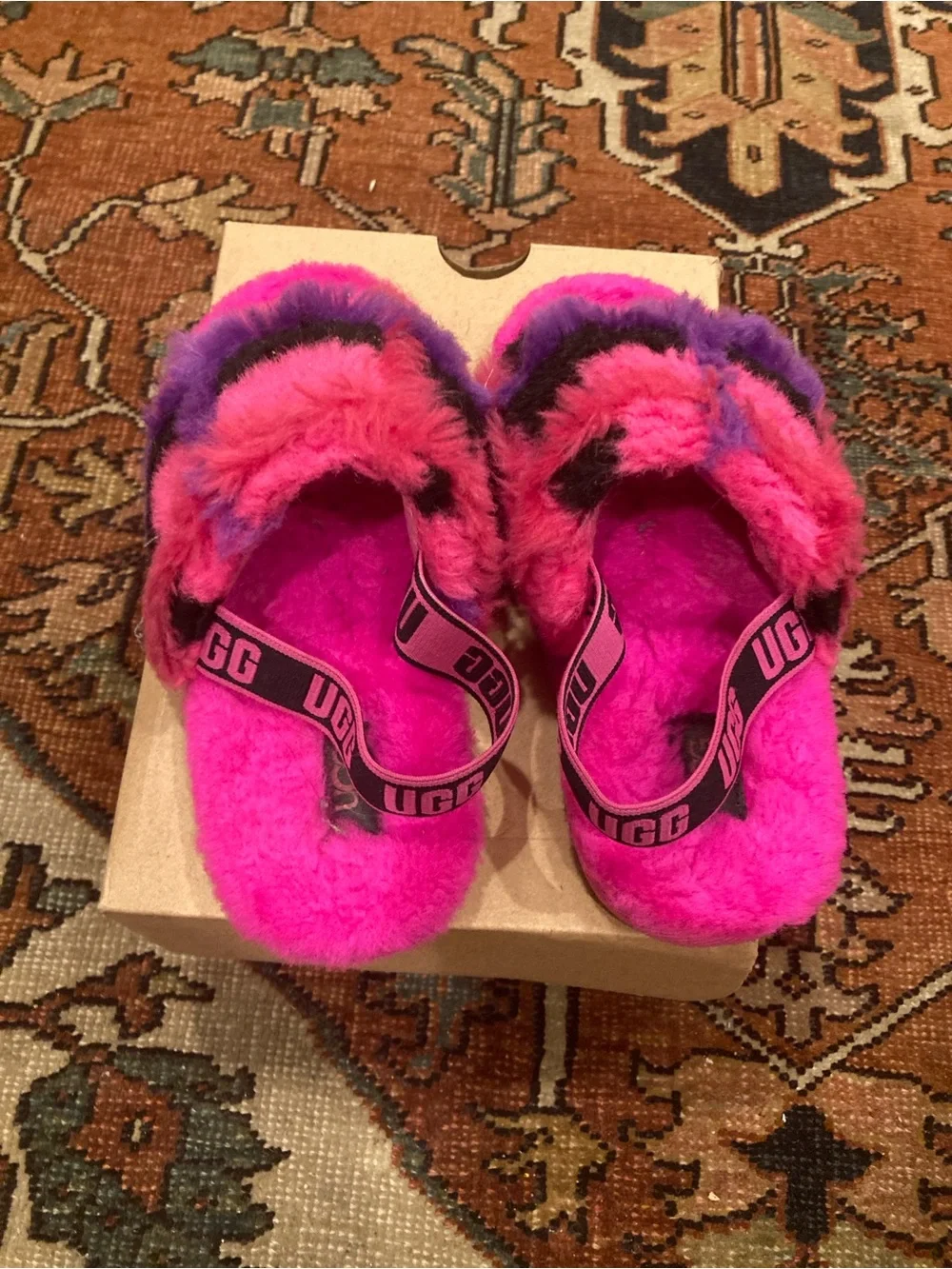 UGG Kids Fuzzy Slide Sandals in Hot Pink and Purple